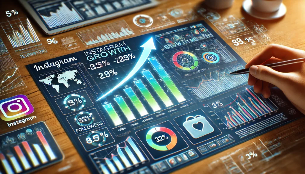 A graphic representation of Instagram growth metrics displaying an analytical dashboard on a screen. The image should feature dynamic charts graphs