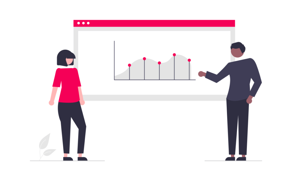 A man and woman stand beside a whiteboard displaying a graph tracking Instagram followers and likes growth.